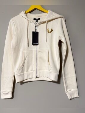 True Religion white zip up hoodie with gold logo xs